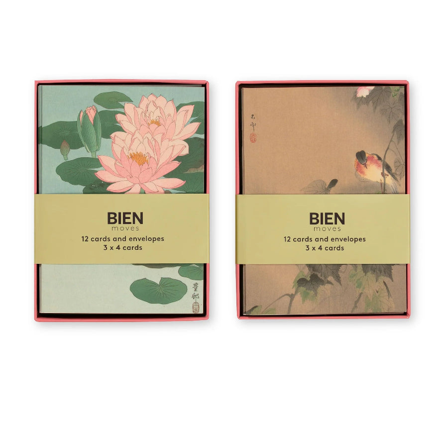 Two sets of Bien cards with floral designs on a white background