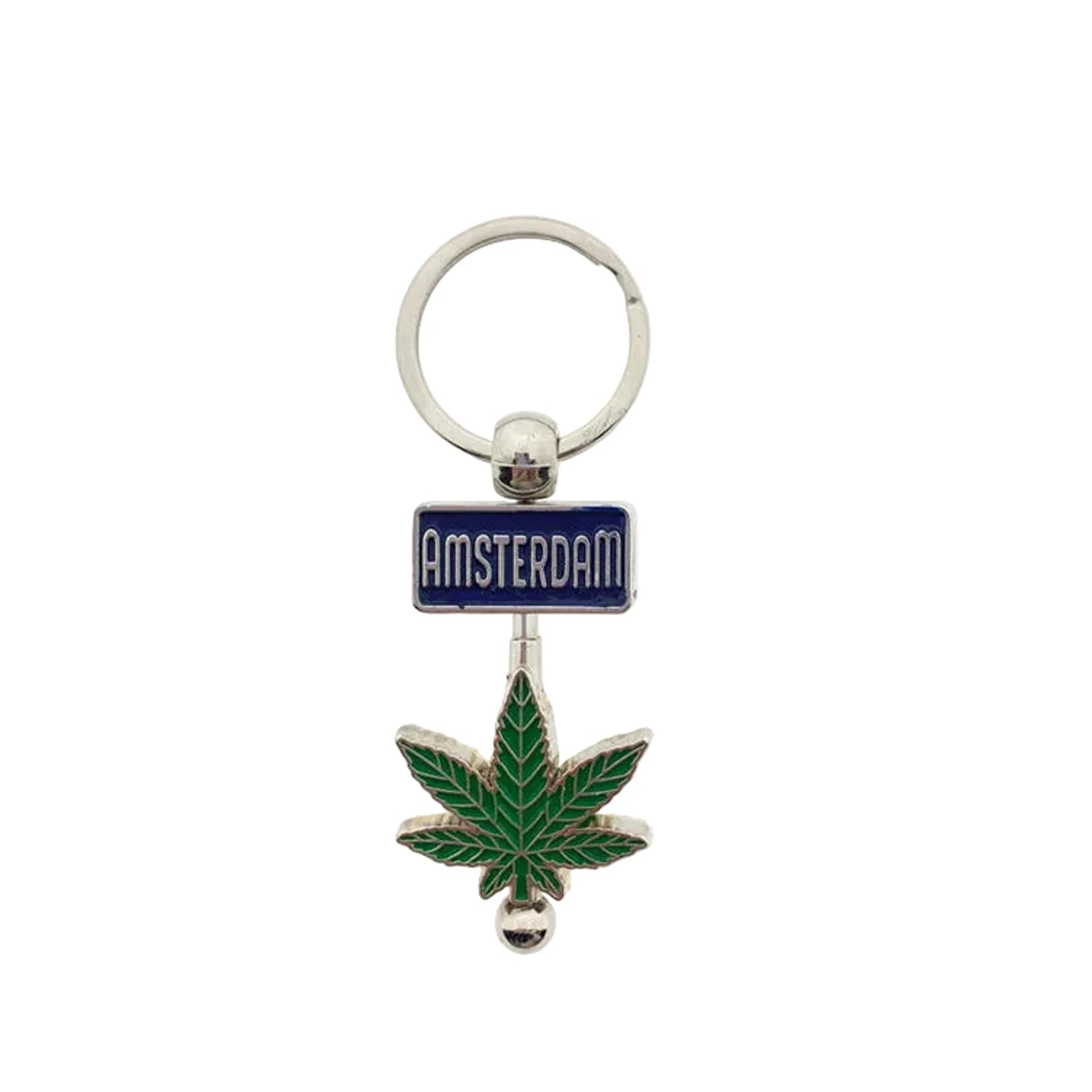 Silver metal keychain with green leaf and Amsterdam design compact souvenir