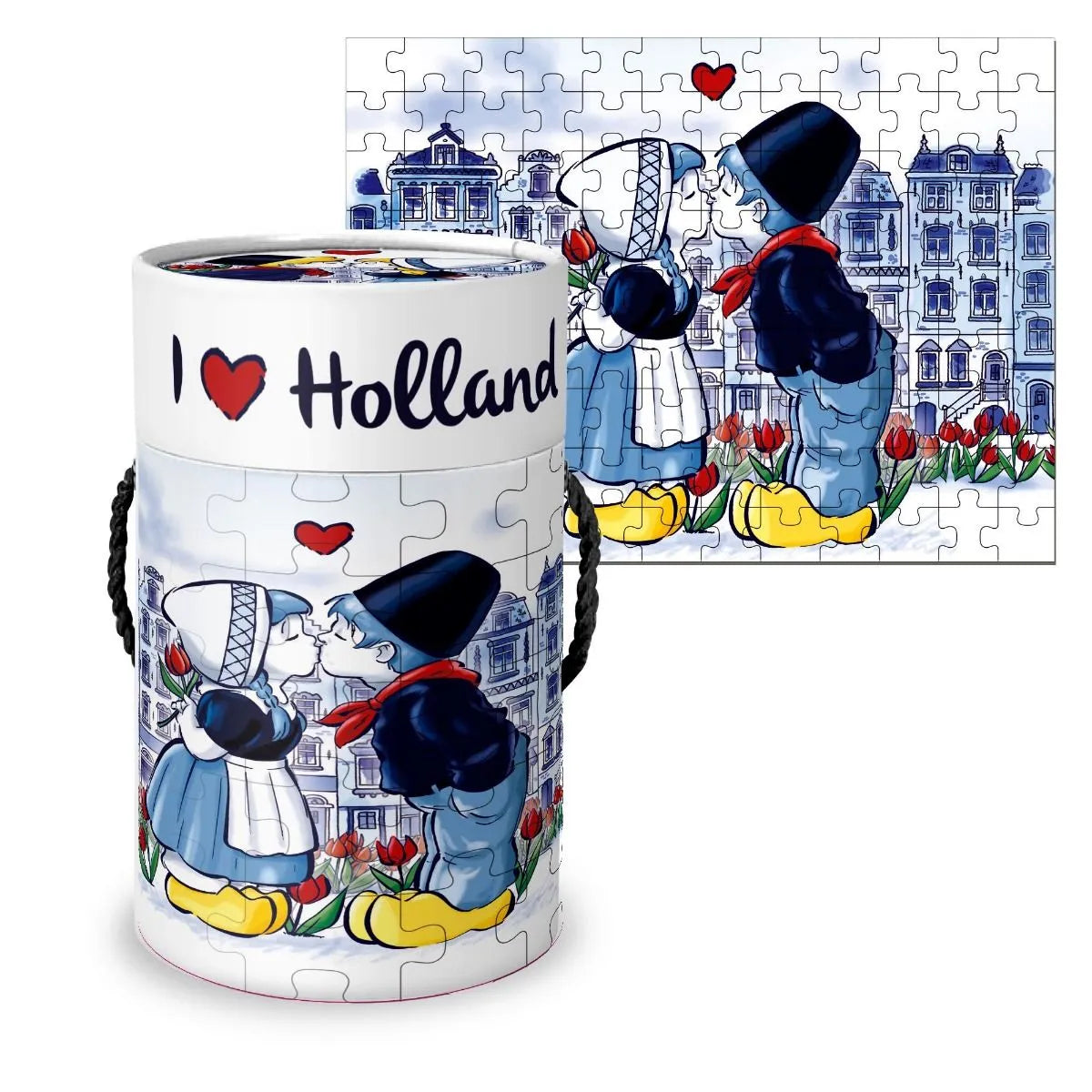 Puzzle in a cylindrical tin with 'I  Holland' text, featuring Dutch characters and tulips.