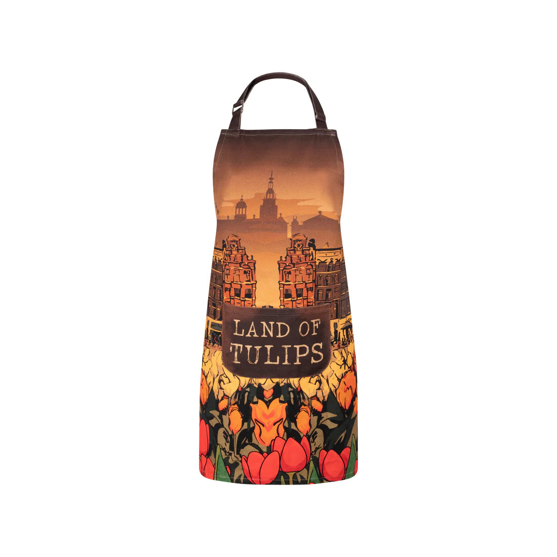 Land of Tulips Holland kitchen apron with canal houses and tulip design