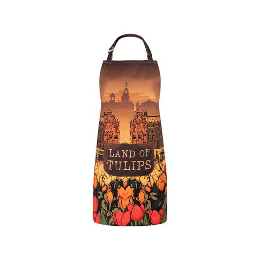 Land of Tulips Holland kitchen apron with canal houses and tulip design