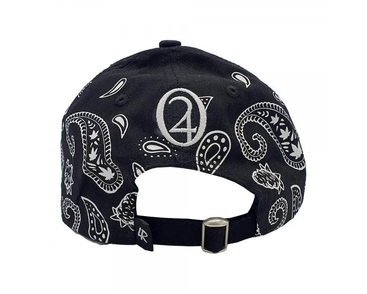 Lauren Rose 420 Amnesia Haze strapback cap in black paisley with glow in the dark embroidery and hidden pocket