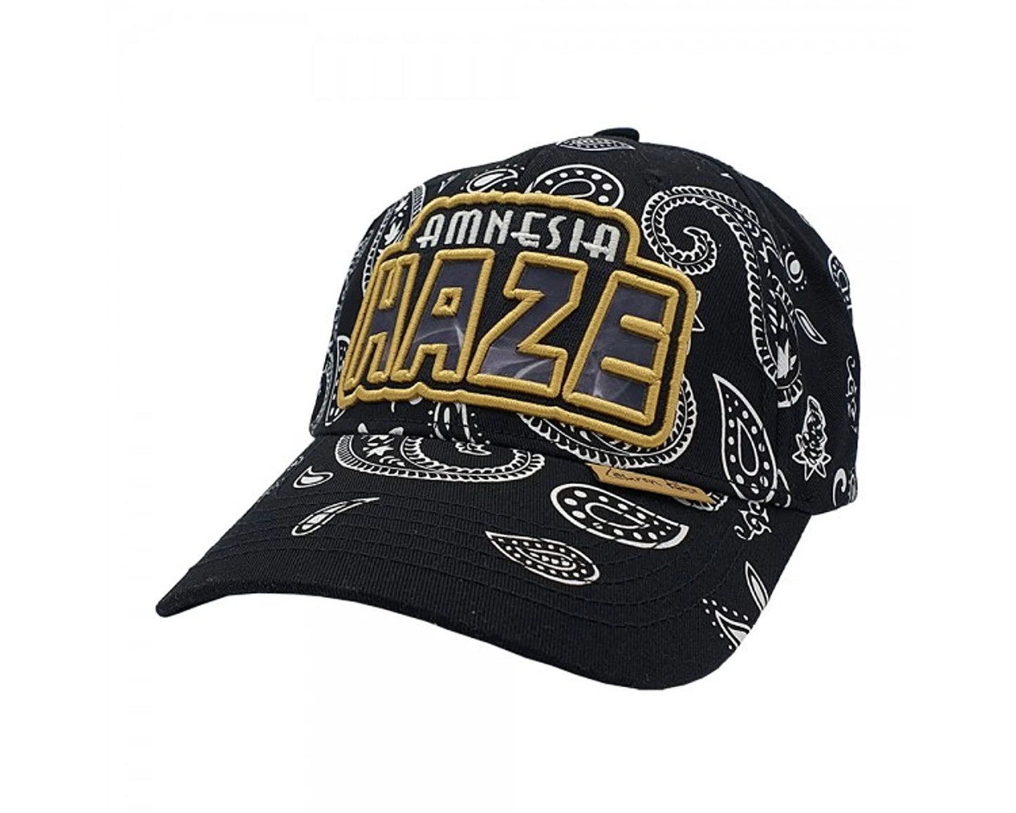 Lauren Rose 420 Amnesia Haze strapback cap in black paisley with glow in the dark embroidery and hidden pocket