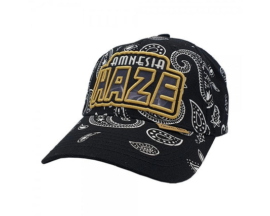 Lauren Rose 420 Amnesia Haze strapback cap in black paisley with glow in the dark embroidery and hidden pocket