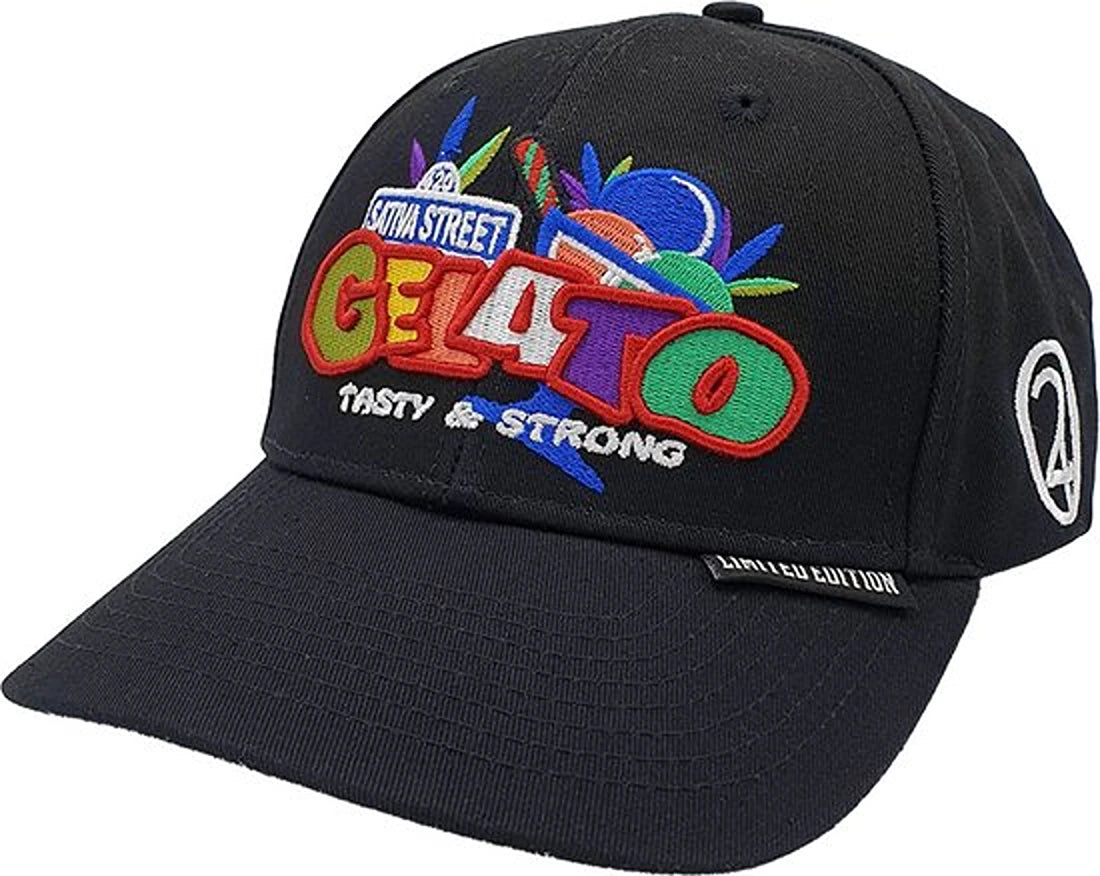 Lauren Rose 420 Gelato strapback cap in black with multicolour embroidered logo and California Dreamin’ text