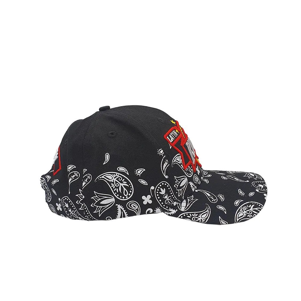 Lauren Rose Latin Kings strapback cap in black with gold Amor y Respeto embroidery and paisley bandana detailing