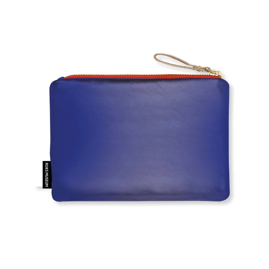 A blue leather pouch with a bright orange zipper and a gold-tone wrist loop, shown on a plain white background.
