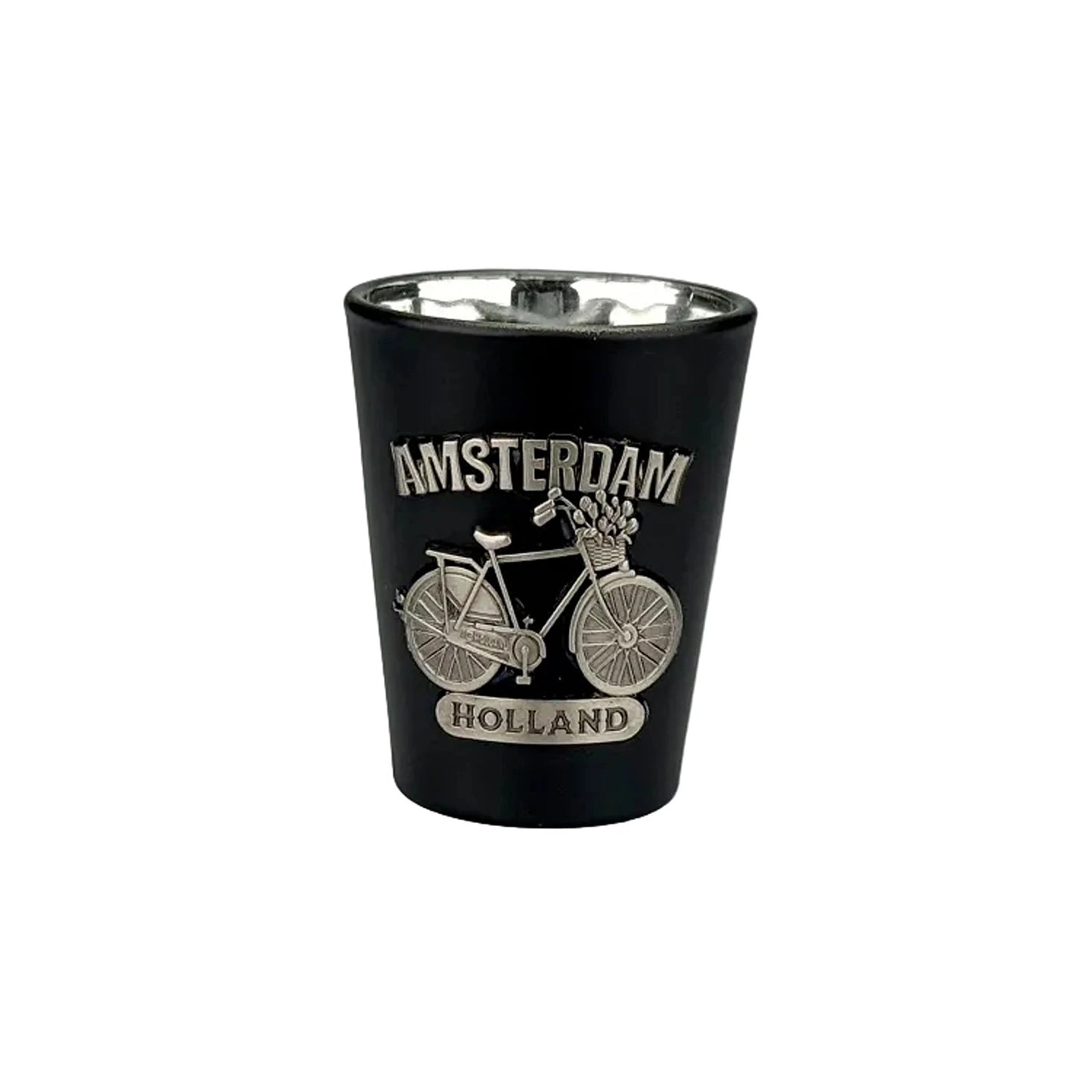 Black shot glass with metal bicycle Amsterdam souvenir