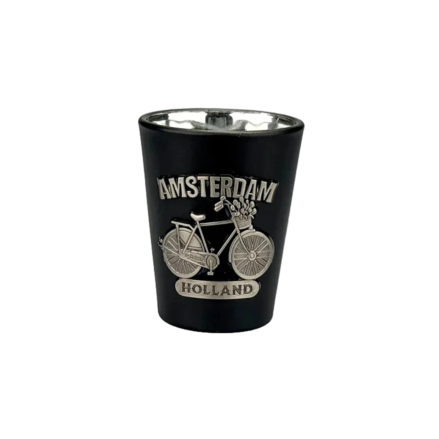 Black shot glass with metal bicycle Amsterdam souvenir