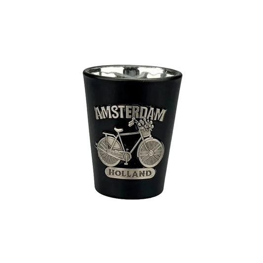 Black shot glass with metal bicycle Amsterdam souvenir