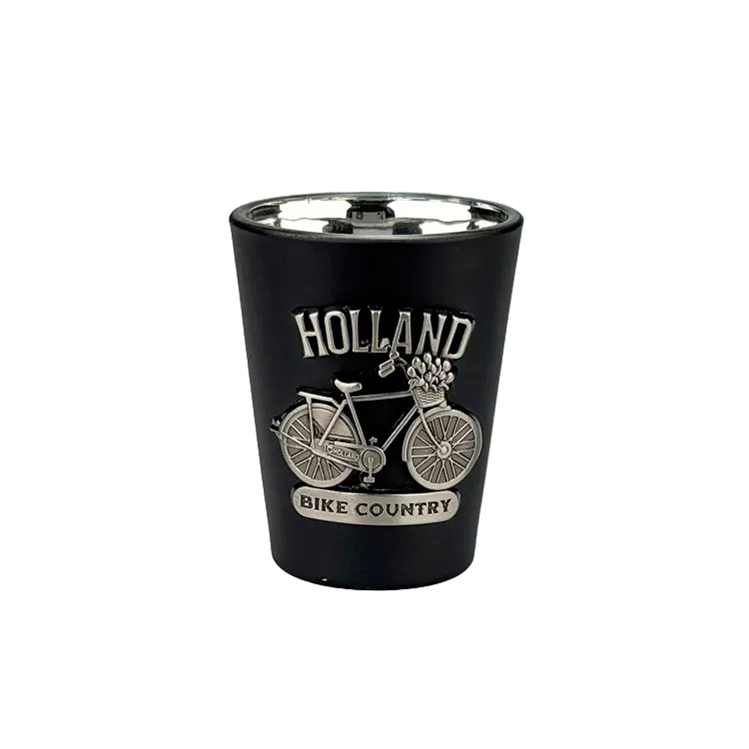 Black shot glass with metal bicycle Holland souvenir
