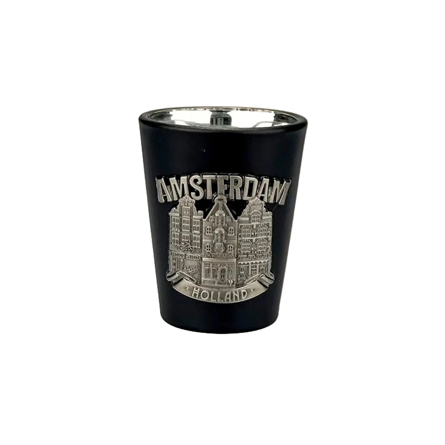 Black shot glass with metal canal houses Amsterdam souvenir