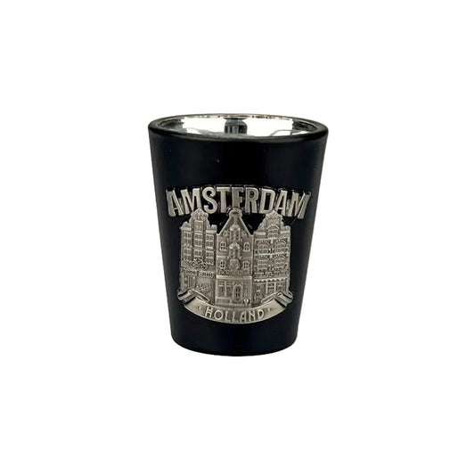 Black shot glass with metal canal houses Amsterdam souvenir
