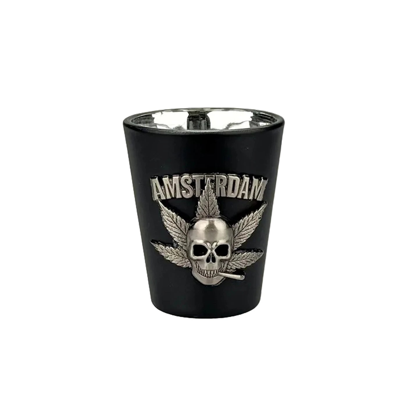 Black shot glass with metal skull Amsterdam edgy souvenir