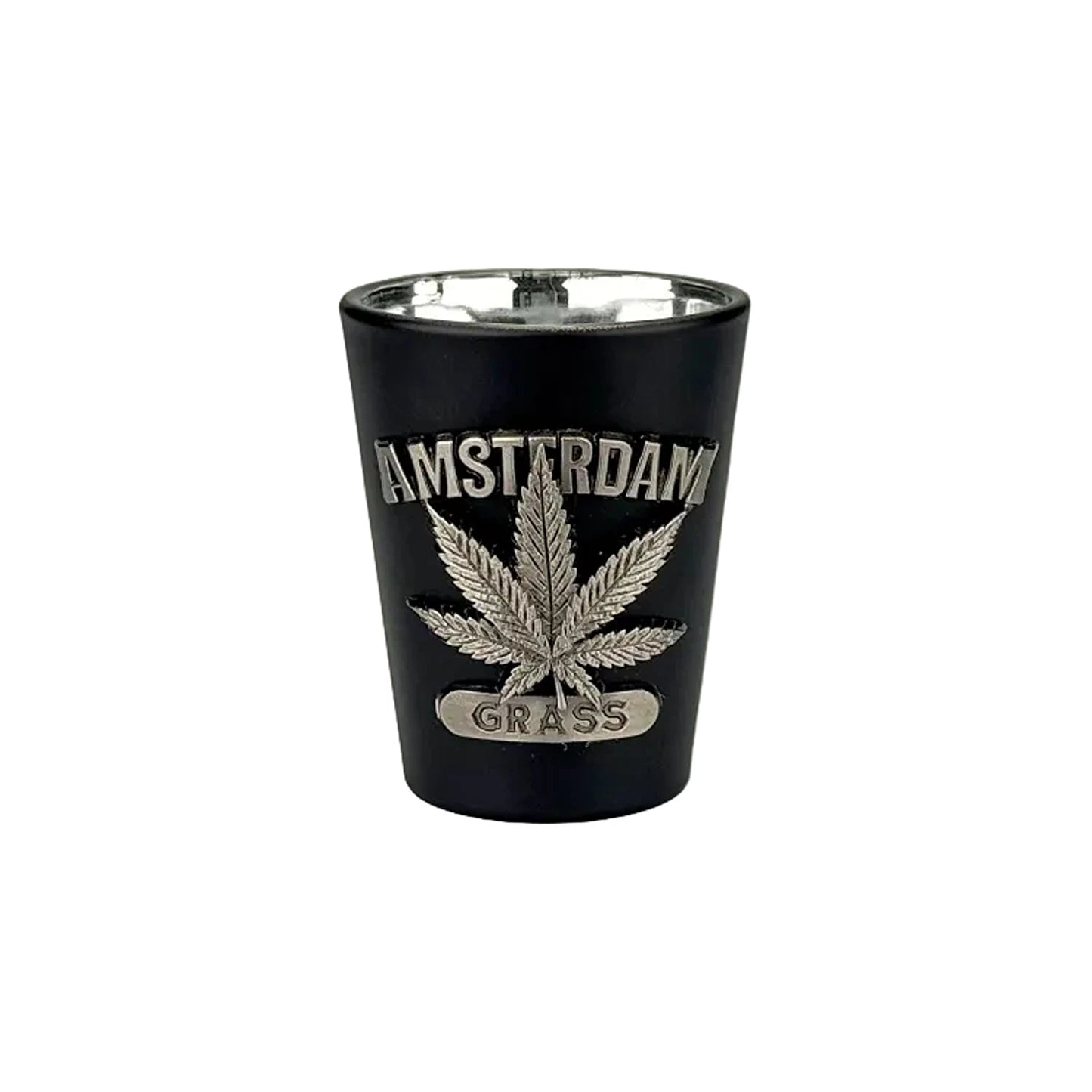 Black shot glass with metal weed leaf Amsterdam souvenir