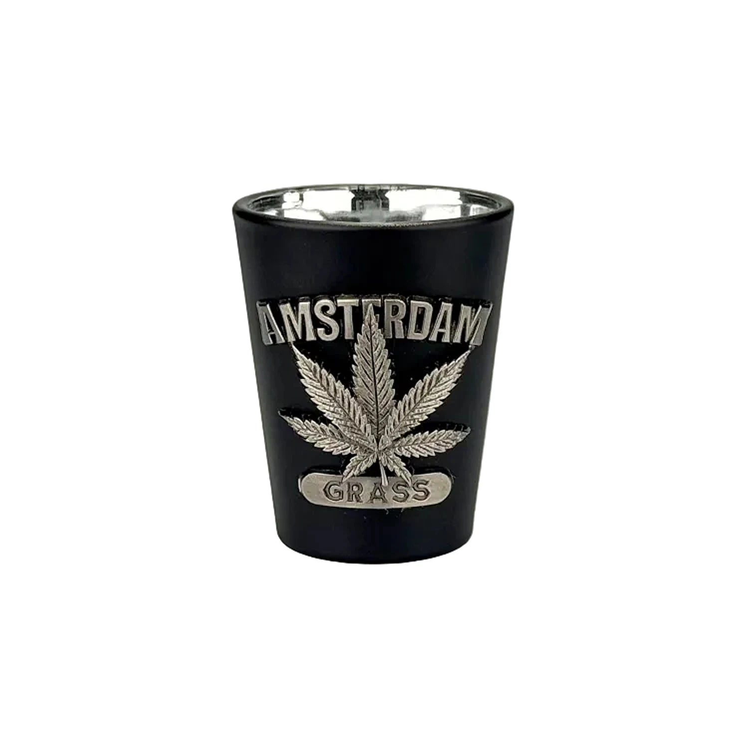 Black shot glass with metal weed leaf Amsterdam souvenir