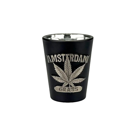 Black shot glass with metal weed leaf Amsterdam souvenir