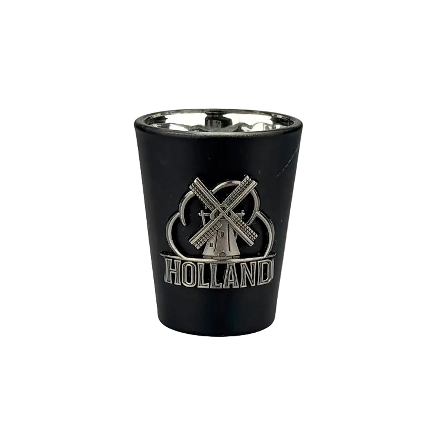 Black shot glass with metal windmill Holland souvenir
