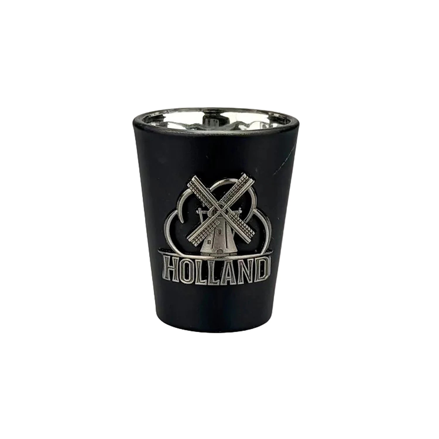 Black shot glass with metal windmill Holland souvenir