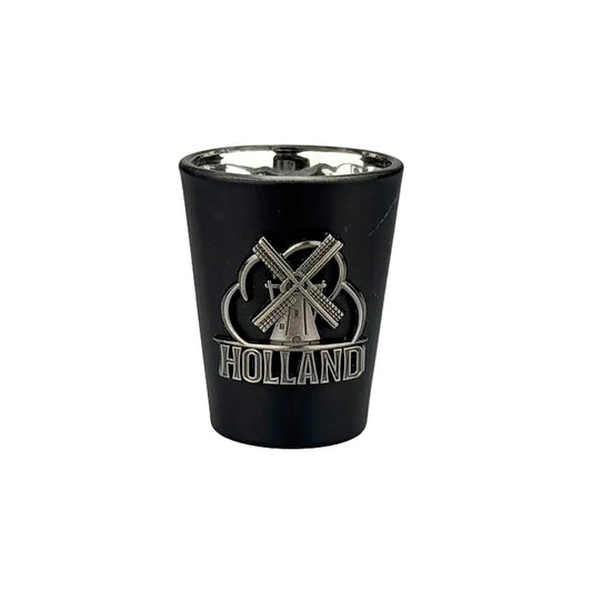 Black shot glass with metal windmill Holland souvenir