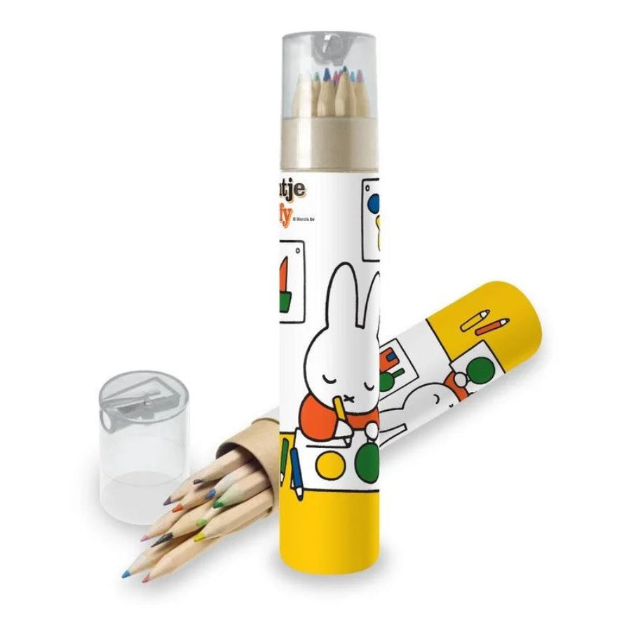 Set of colored pencils in a Miffy-themed holder on a white background