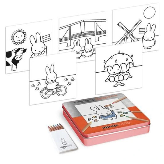 Coloring book set with illustrations and a tin box featuring a rabbit character.
