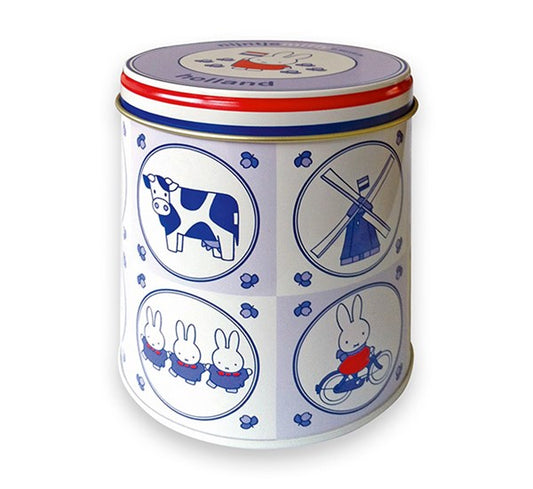 Decorative cylindrical container with Dutch-themed illustrations on a white background
