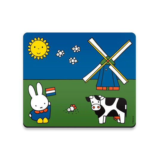 Illustration of a rabbit and cow with a windmill and sun in the background on a blue and green background
