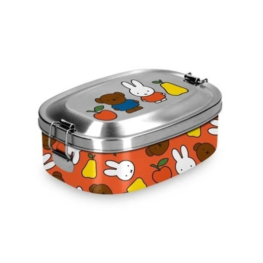 Metal lunch box with cartoon character design on an orange background