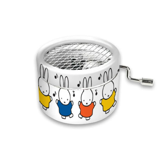 Music box with colorful rabbit designs on a white background
