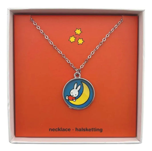 Adorable Miffy necklace featuring a moon charm and presented in a beautiful gift box. A perfect gift for children and Miffy fans.