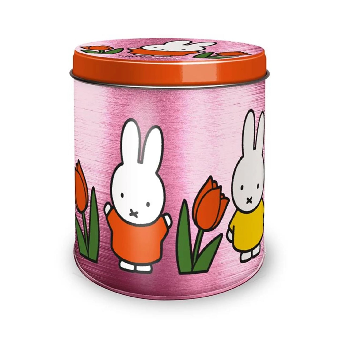 Pink tin can with cartoon bunnies and tulips on a white background