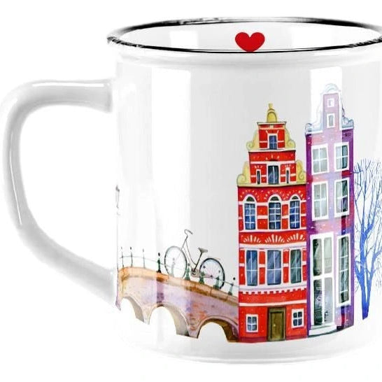 Mug with a colorful illustration of buildings and a heart on a white background