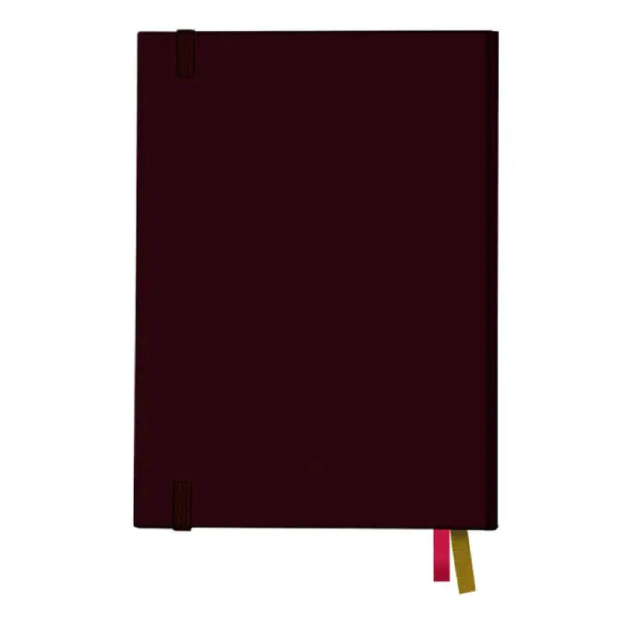 A dark burgundy hardcover notebook with a matching elastic closure strap and two ribbon bookmarks, one pink and one yellow, shown against a plain white background.