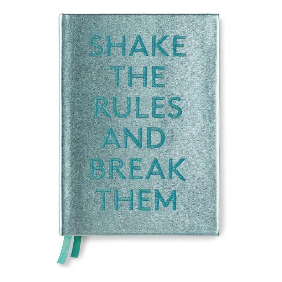 A hardcover notebook with a textured light blue cover and embossed teal text reading 'SHAKE THE RULES AND BREAK THEM'. A matching teal ribbon bookmark hangs from the bottom edge.