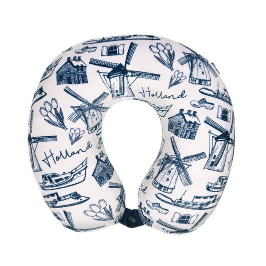 Neck pillow Holland Delfts blue Oscar with windmills tulips and canal houses design