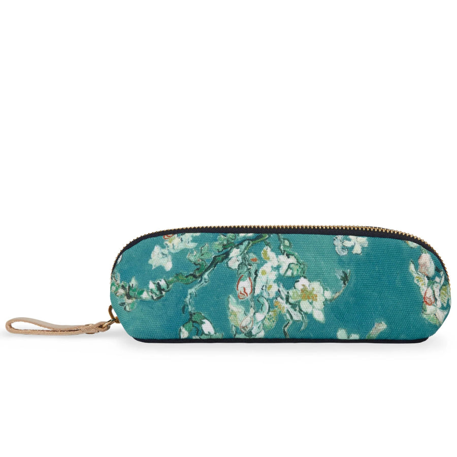A teal canvas pencil case featuring a floral blossom print in white, green, and yellow, with a gold zipper and a small tan wrist strap on a white background.