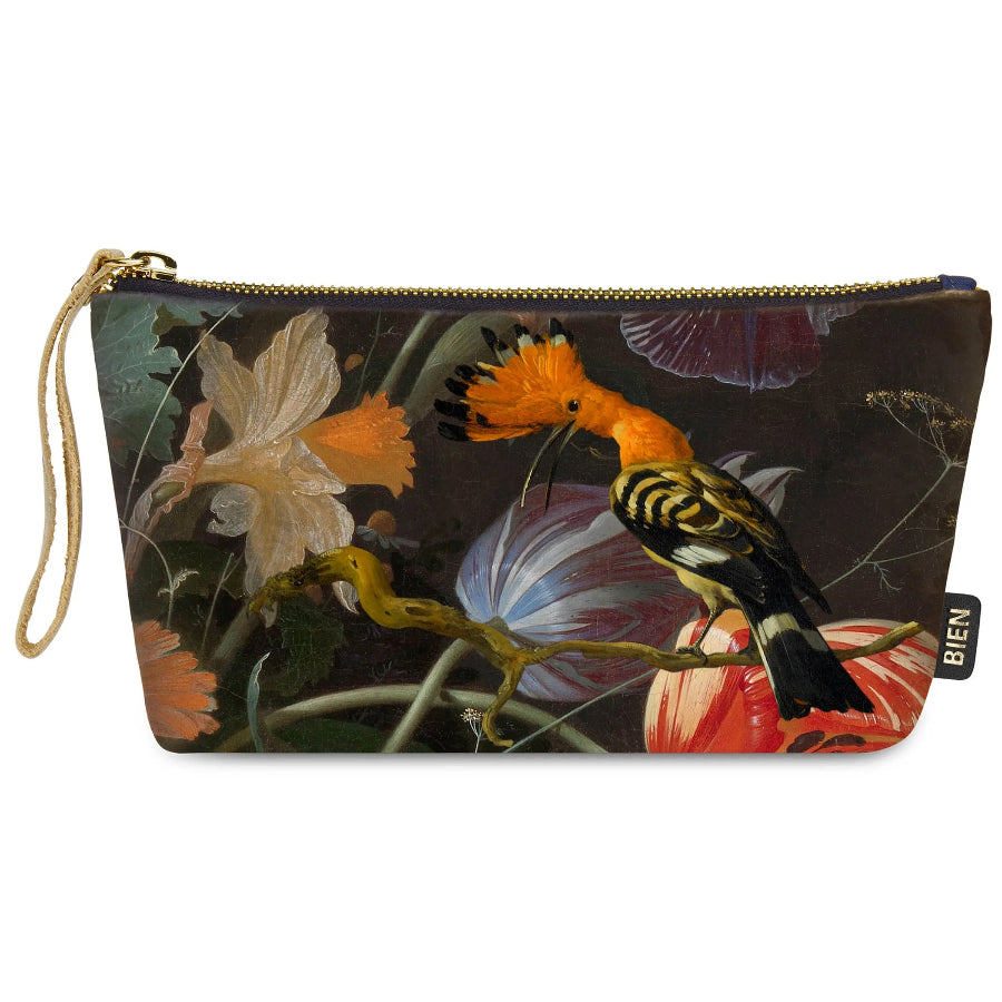 A zippered pouch with a wrist strap, featuring a detailed classical-style painting print of a crested oriole bird and flowers on a dark background. The pouch has a gold zipper and a small black brand tag on the right side that reads BIEN.