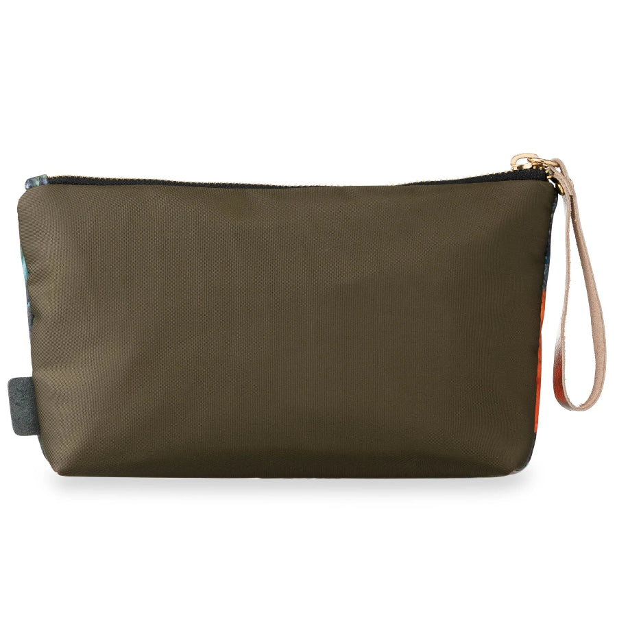 An olive green nylon zippered pouch with a beige wrist strap and gold-tone zipper pull, shown on a plain white background.