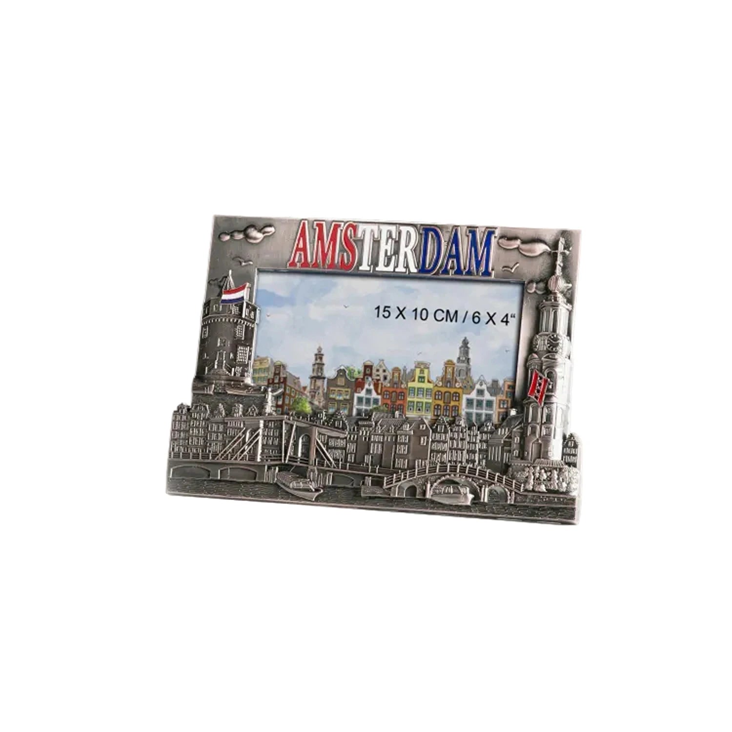Tin metal photo frame with Amsterdam canal houses for holiday memories
