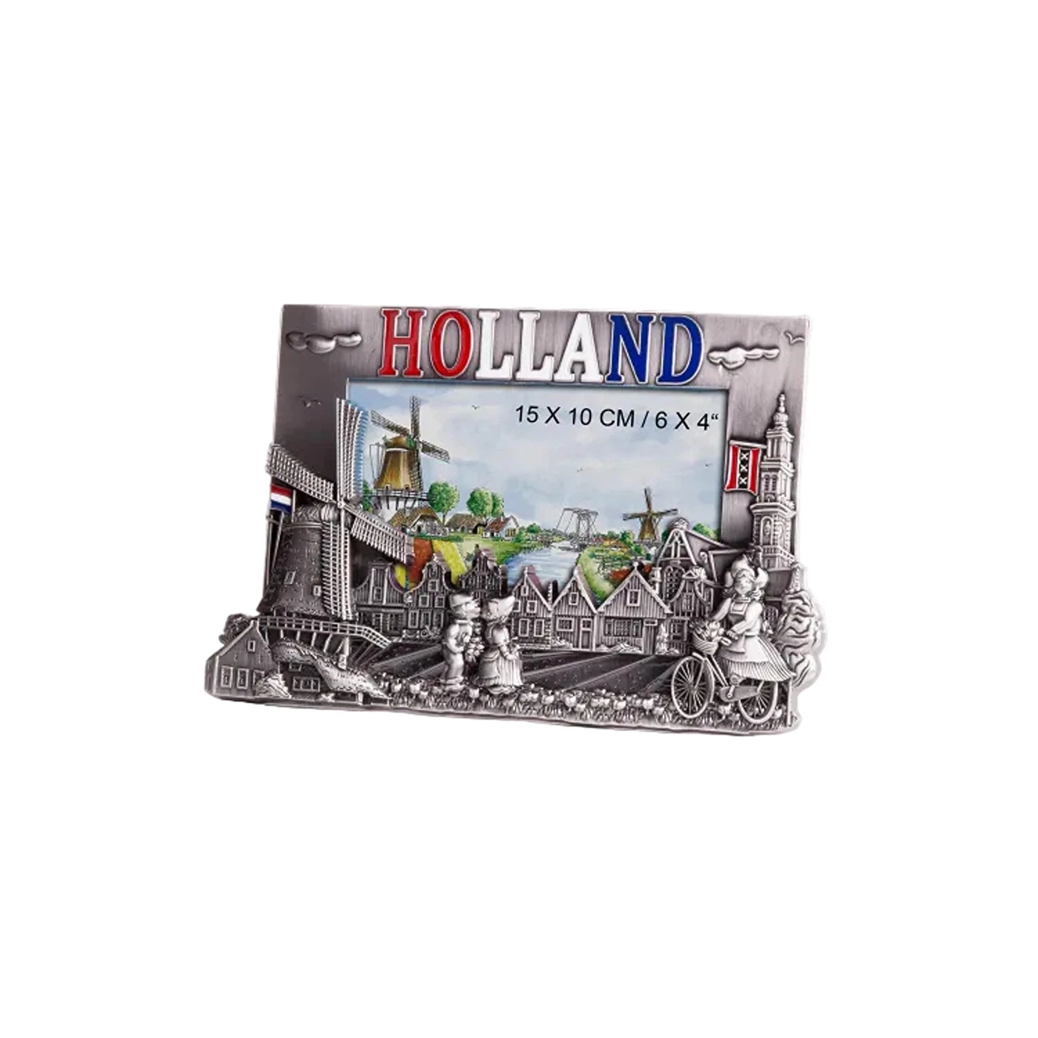 Tin metal photo frame with Dutch windmills Holland souvenir for travel memories