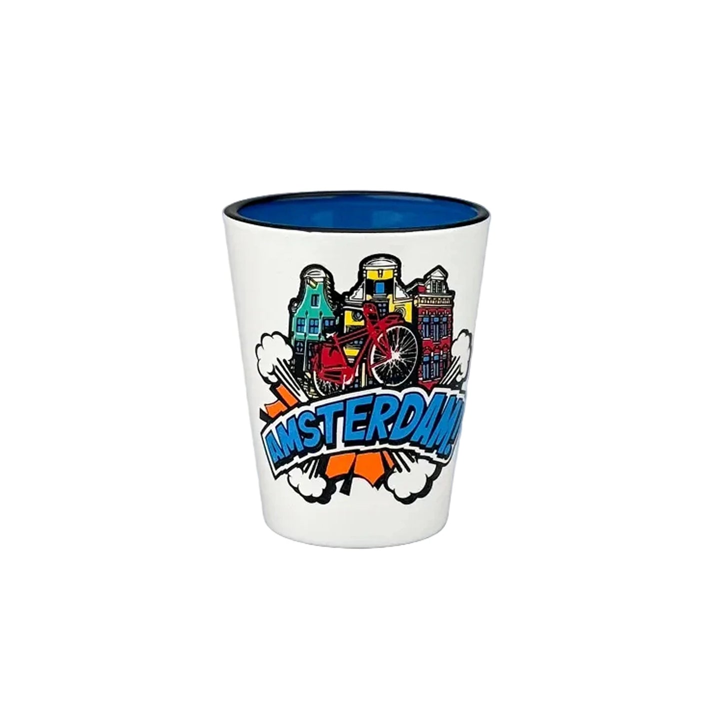 Blue pop art shot glass Amsterdam bicycles and canal houses retro design