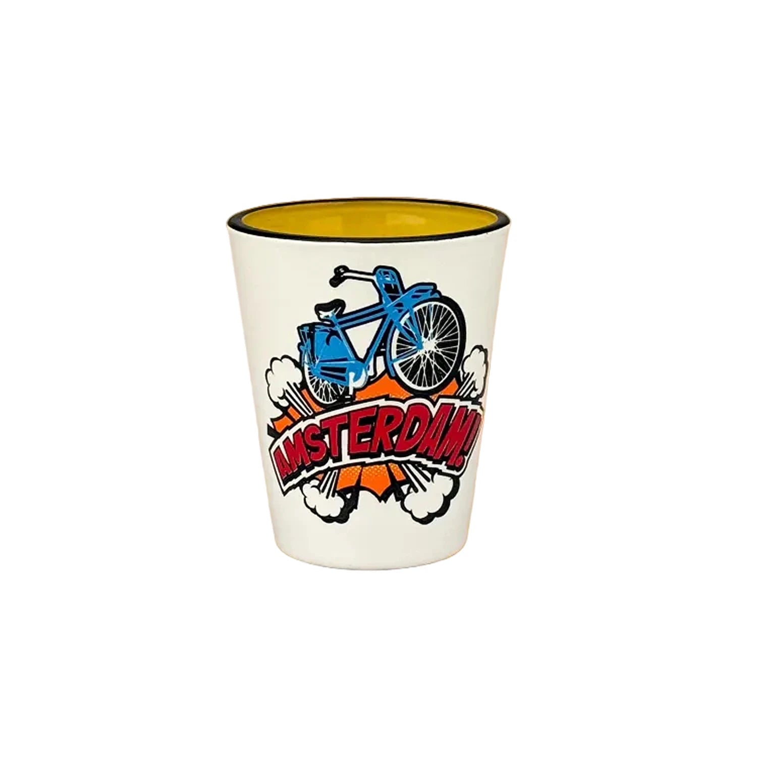 Yellow pop art shot glass Amsterdam bicycle retro design