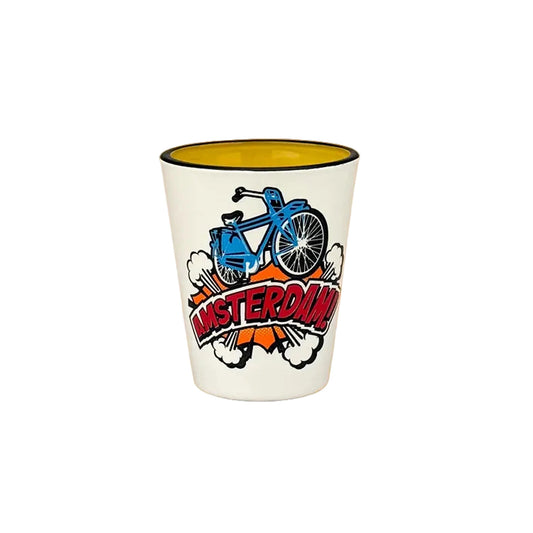 Yellow pop art shot glass Amsterdam bicycle retro design