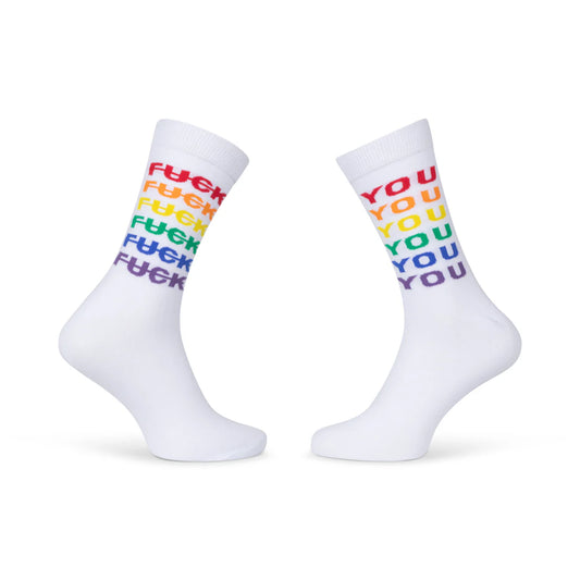 Robin Ruth Pride socks white rainbow Fuck You design size 41-46