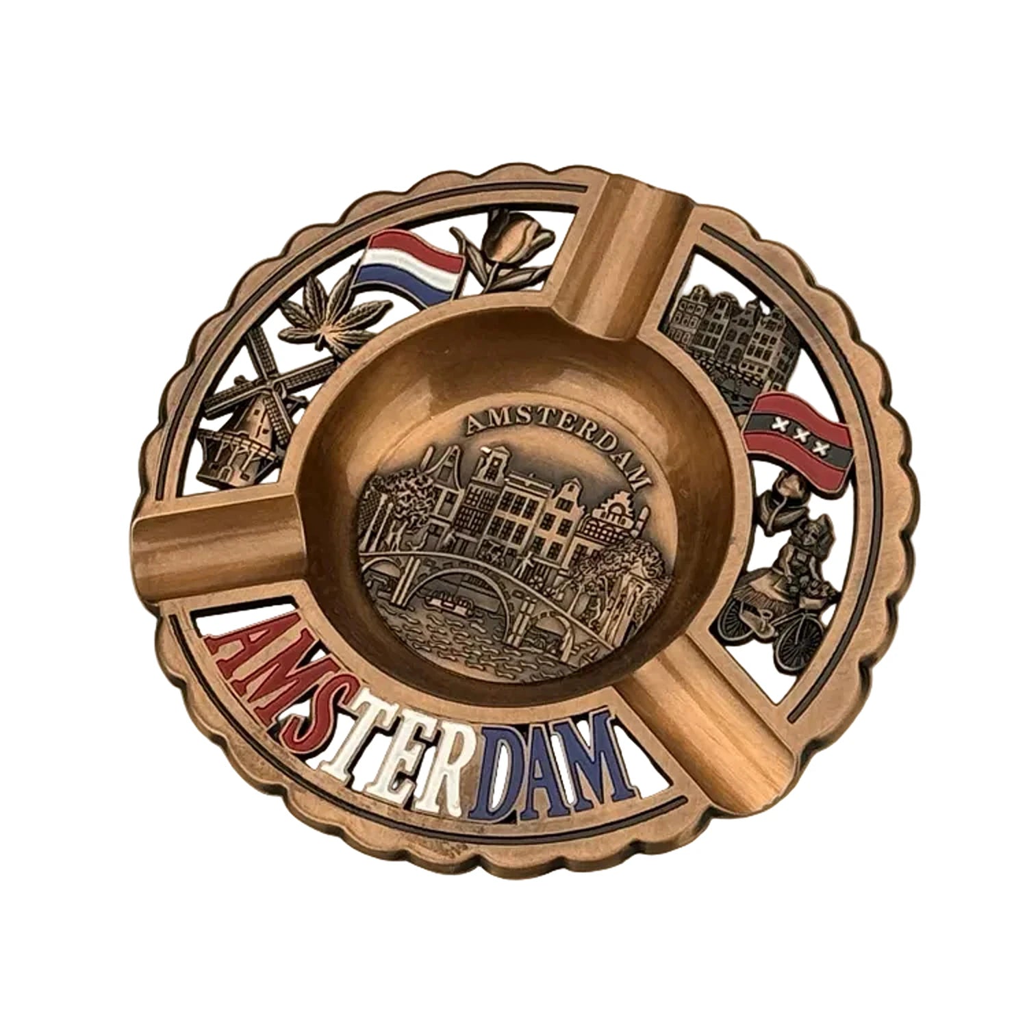 Round metal ashtray with Amsterdam canal houses copper finish city souvenir