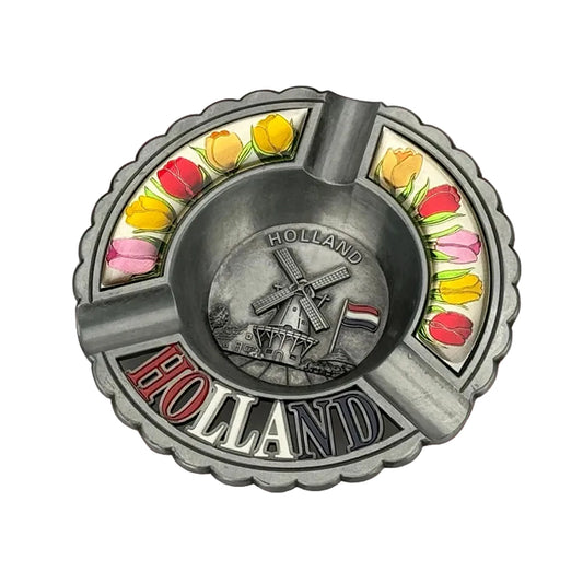 Round metal ashtray with Holland tulips tin finish Dutch souvenir