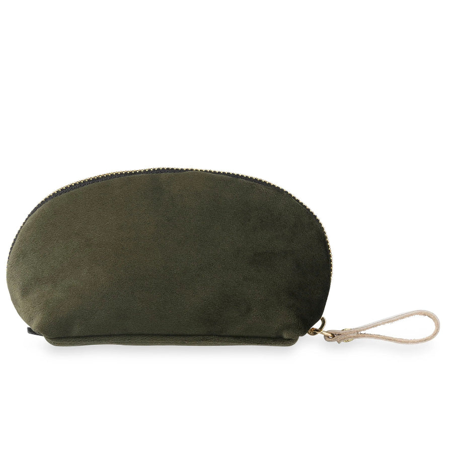 An olive green suede zippered pouch with a cream-colored wrist strap and gold-tone metal hardware, shown on a plain white background.