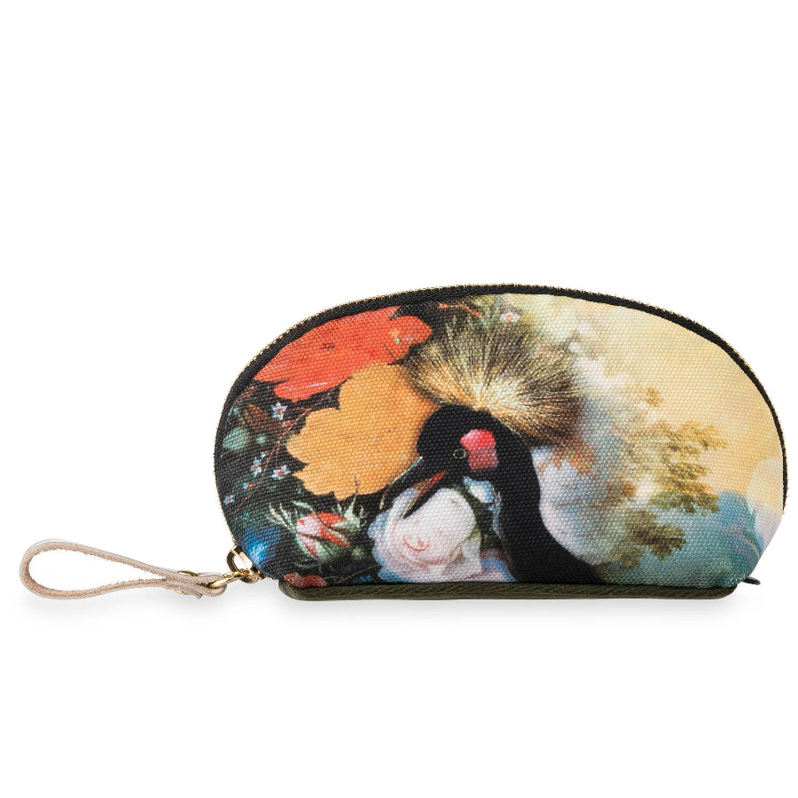 An oval zippered pouch featuring a classical painting print of a black bird with a golden crest, surrounded by red and yellow flowers, on a white background.