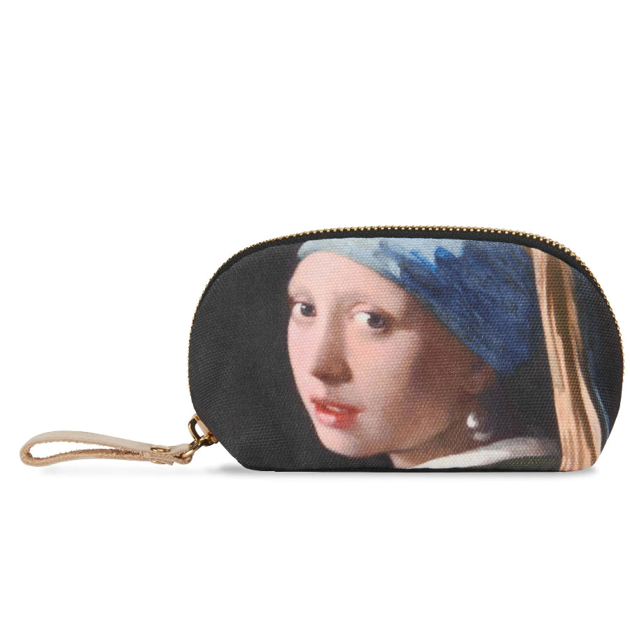 A zippered pouch featuring a printed portrait of a woman with a blue headscarf, styled after Vermeer's Girl with a Pearl Earring, with a gold zipper and a beige wrist strap on a white background.